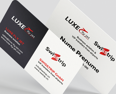 Business card design for Luxe Fly Jet and Swisstrip Gmbh companies