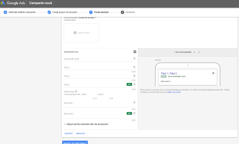 Configurarea anunțului în anunțurile Google